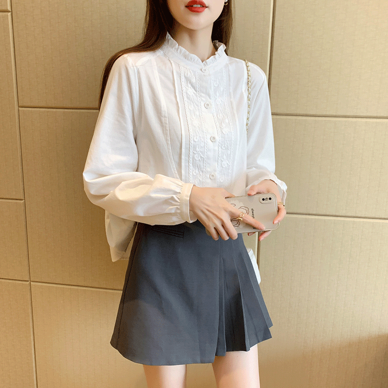 全棉学院风木耳边长袖白衬衫：别致百搭，秒变校园青春女生